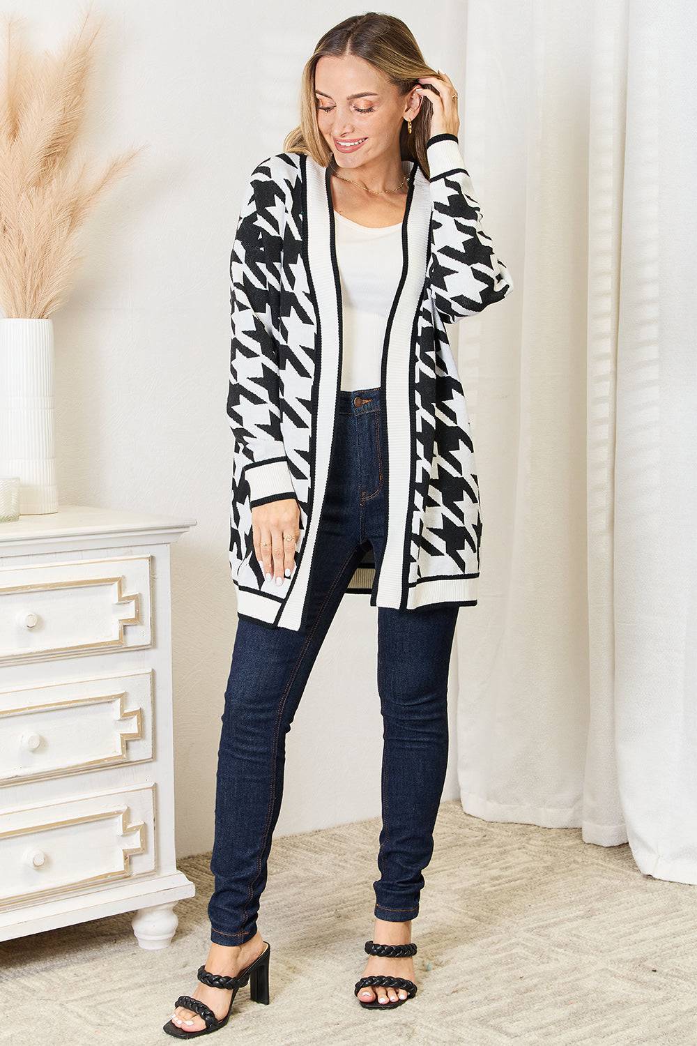 Mandy Woven Right Houndstooth Open Front Longline Cardigan - EkaVibe