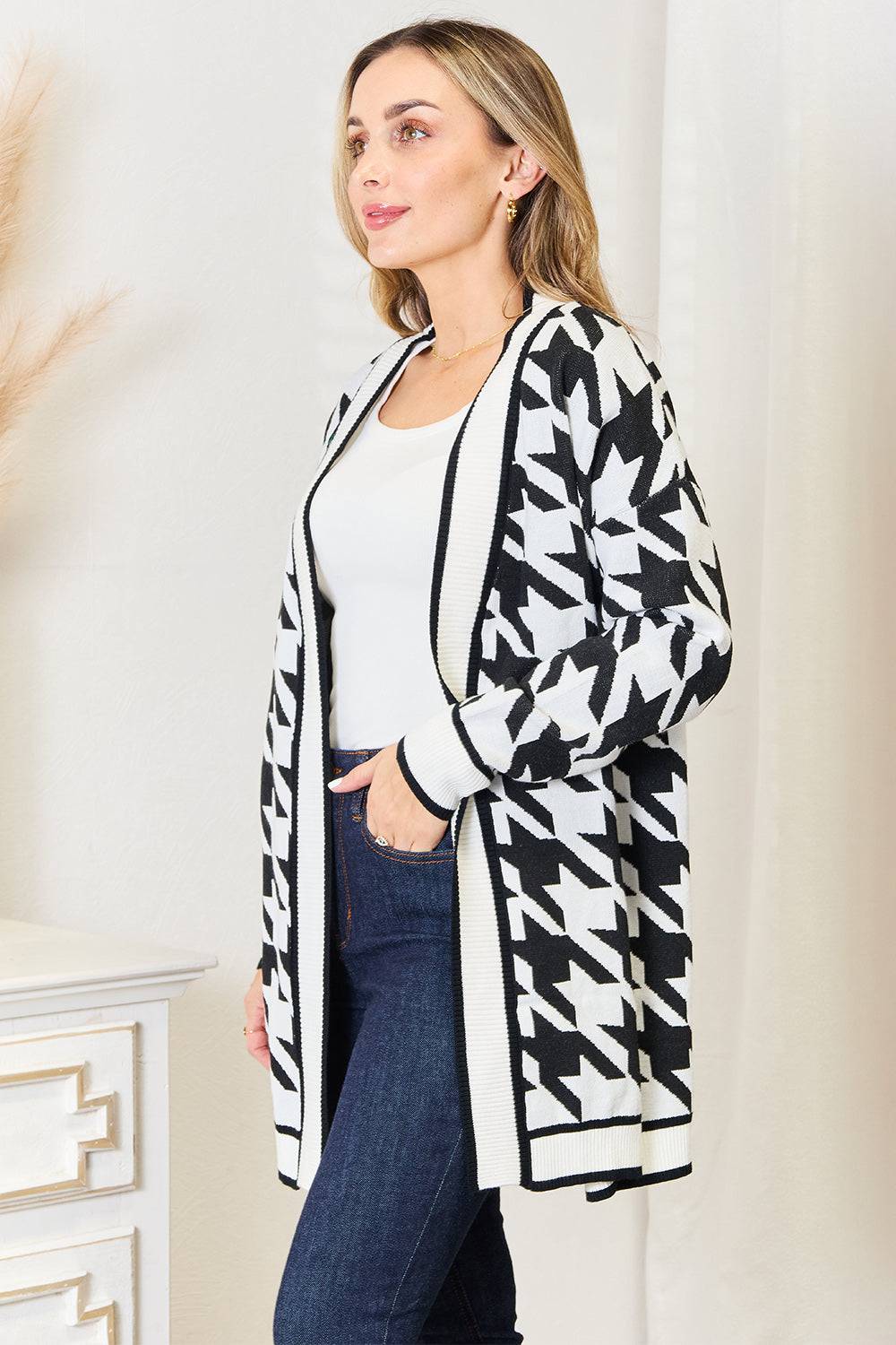 Mandy Woven Right Houndstooth Open Front Longline Cardigan - EkaVibe