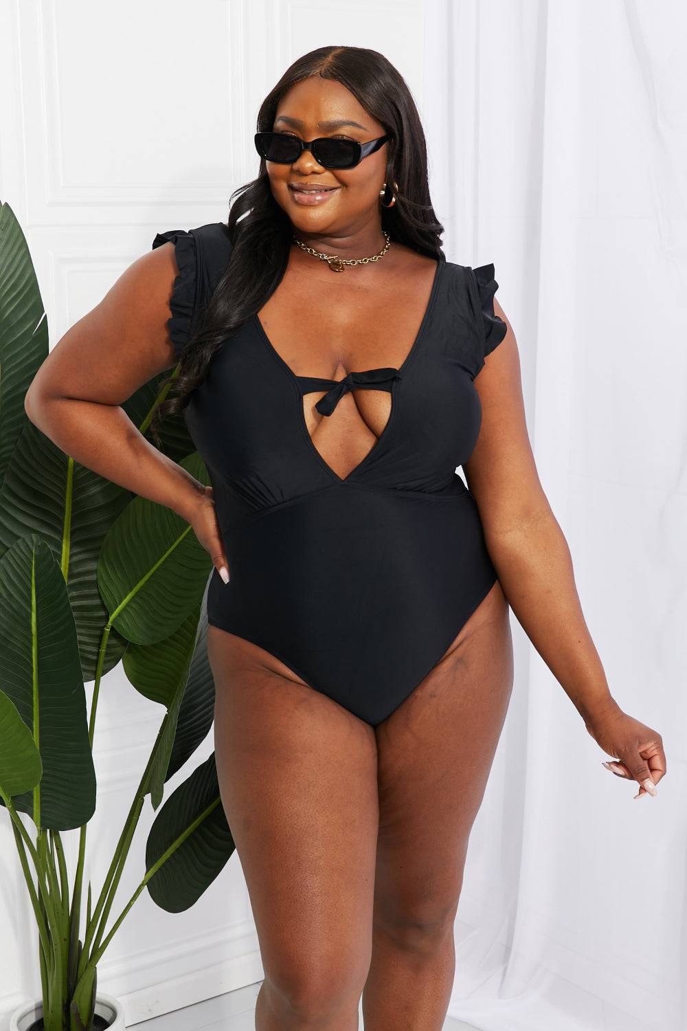 Marina West Swim Seashell Ruffle Sleeve One-Piece in Black - EkaVibe