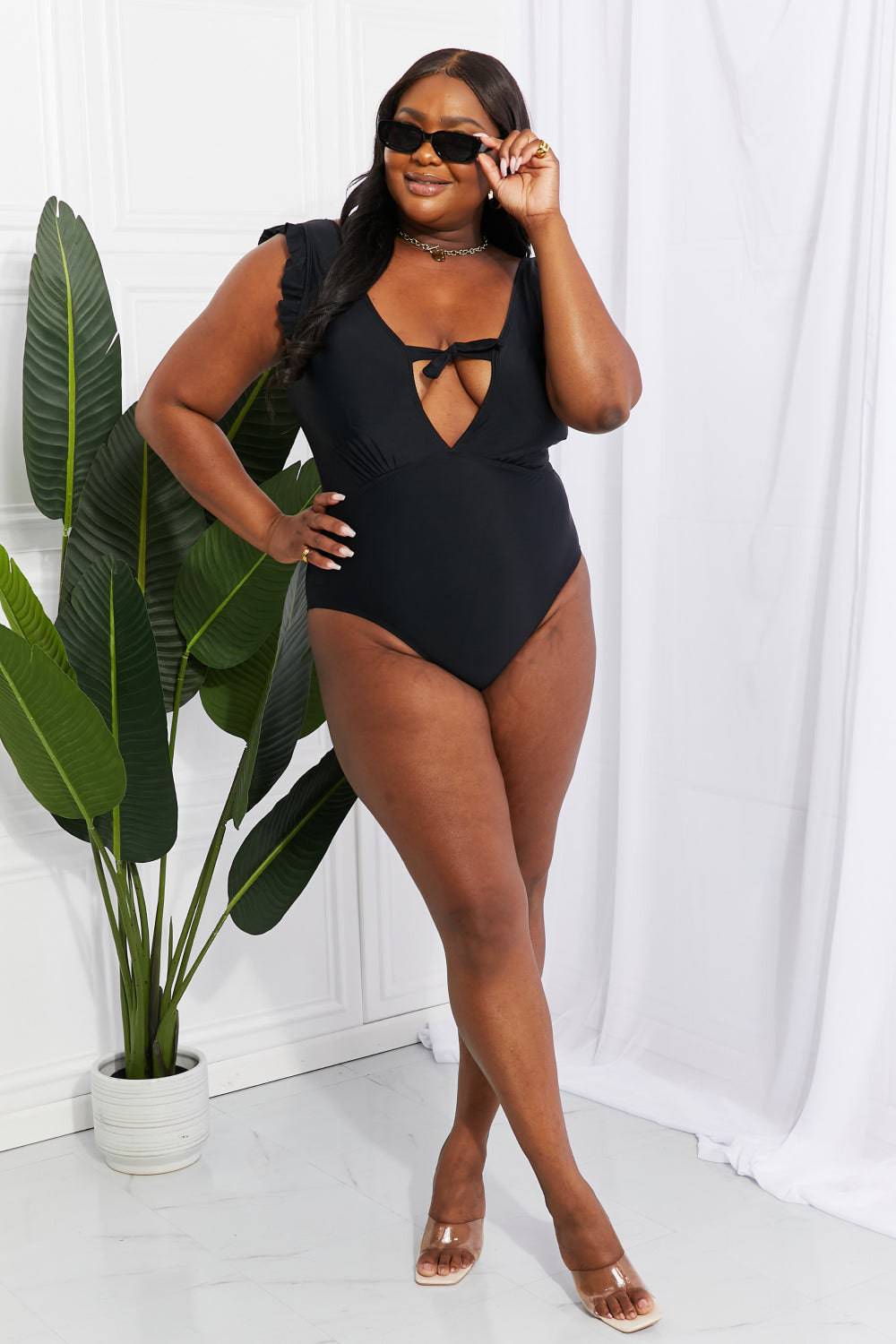 Marina West Swim Seashell Ruffle Sleeve One-Piece in Black - EkaVibe