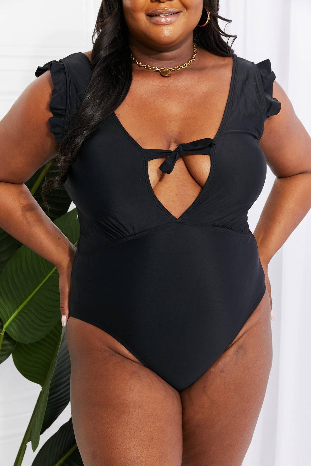 Marina West Swim Seashell Ruffle Sleeve One-Piece in Black - EkaVibe