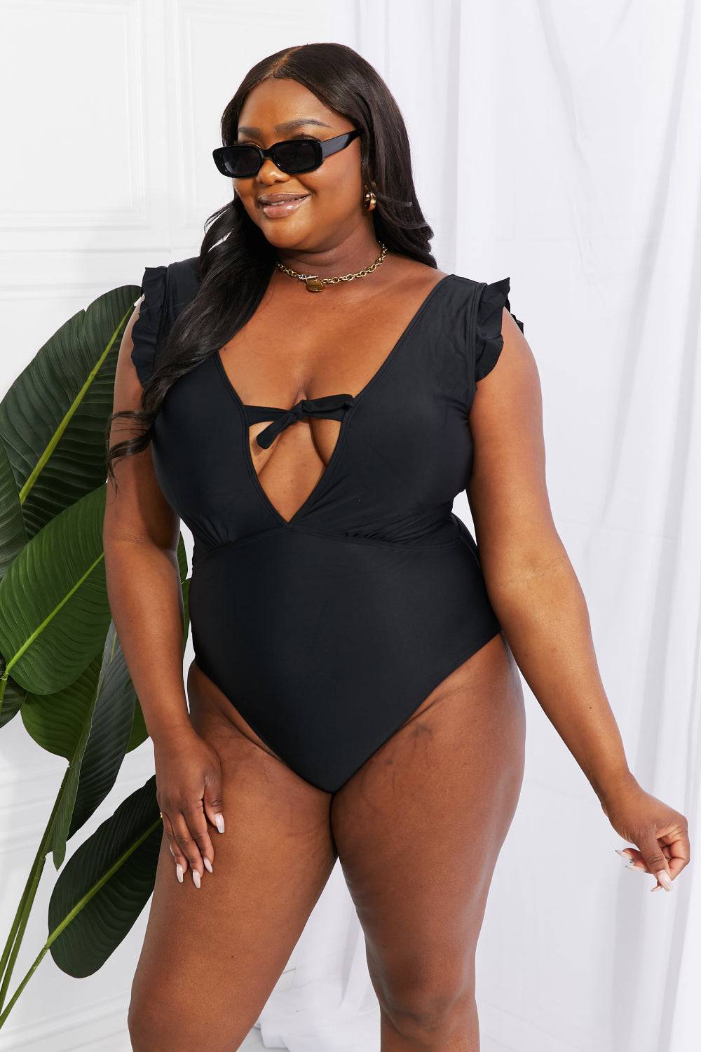 Marina West Swim Seashell Ruffle Sleeve One-Piece in Black - EkaVibe