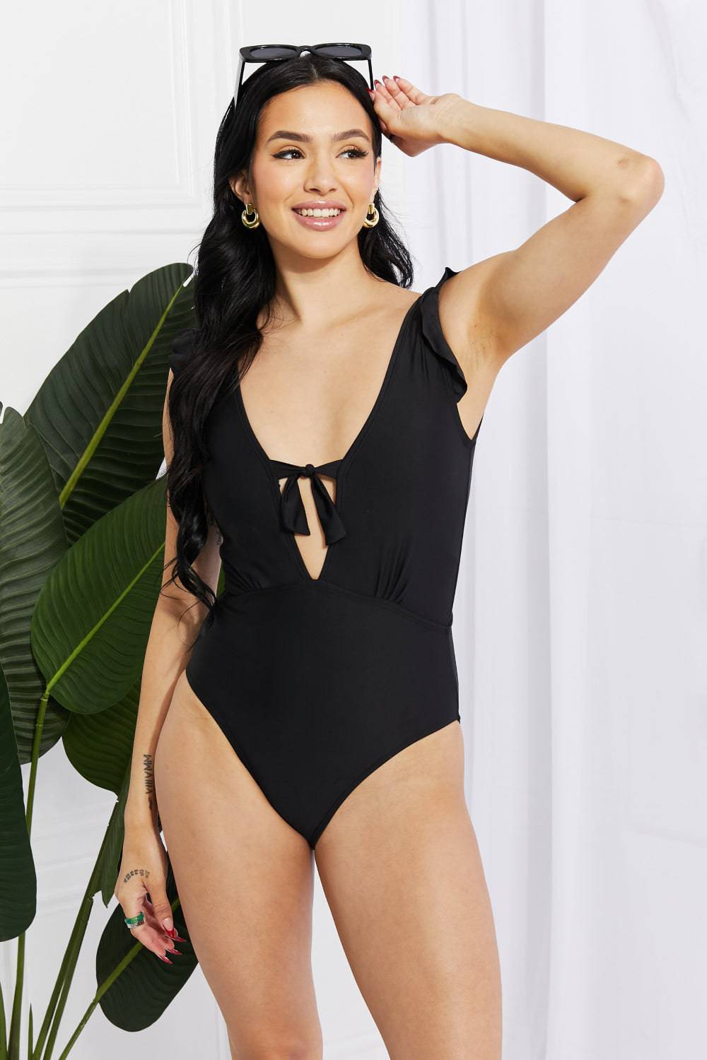 Marina West Swim Seashell Ruffle Sleeve One-Piece in Black - EkaVibe