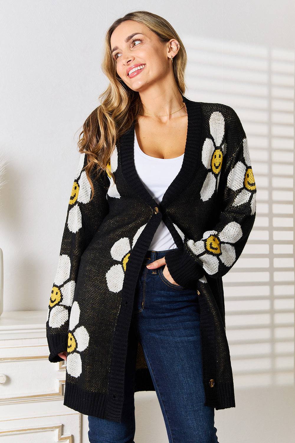 Perfee Floral Button Down Longline Cardigan - EkaVibe