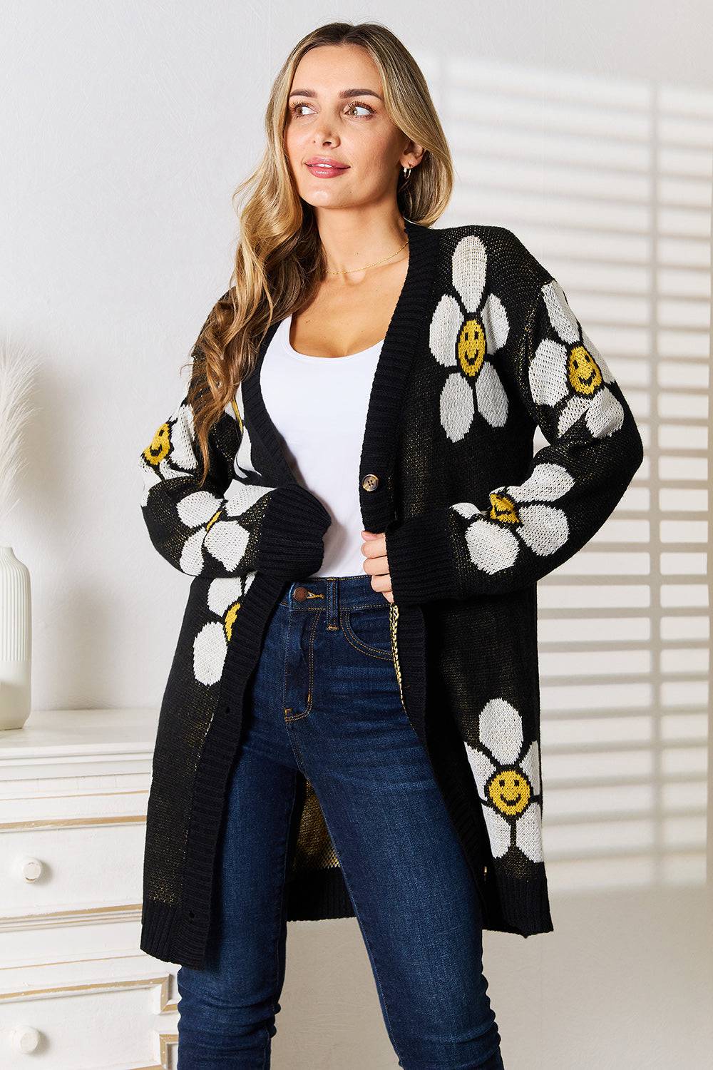 Perfee Floral Button Down Longline Cardigan - EkaVibe