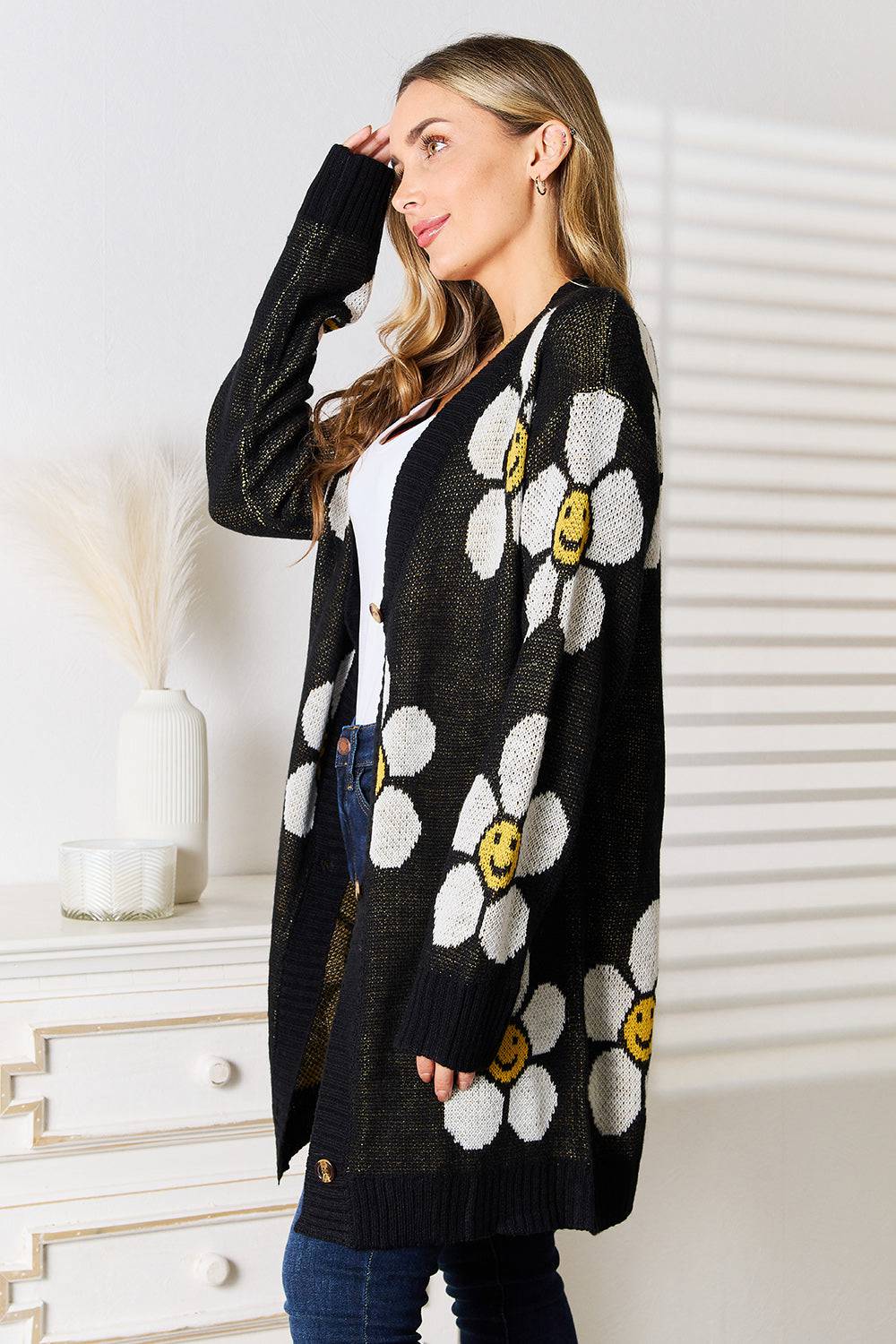 Perfee Floral Button Down Longline Cardigan - EkaVibe