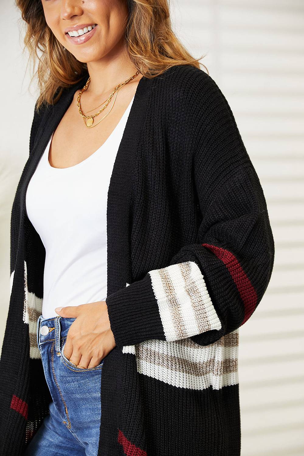 Perfee Striped Rib-Knit Drop Shoulder Open Front Cardigan - EkaVibe