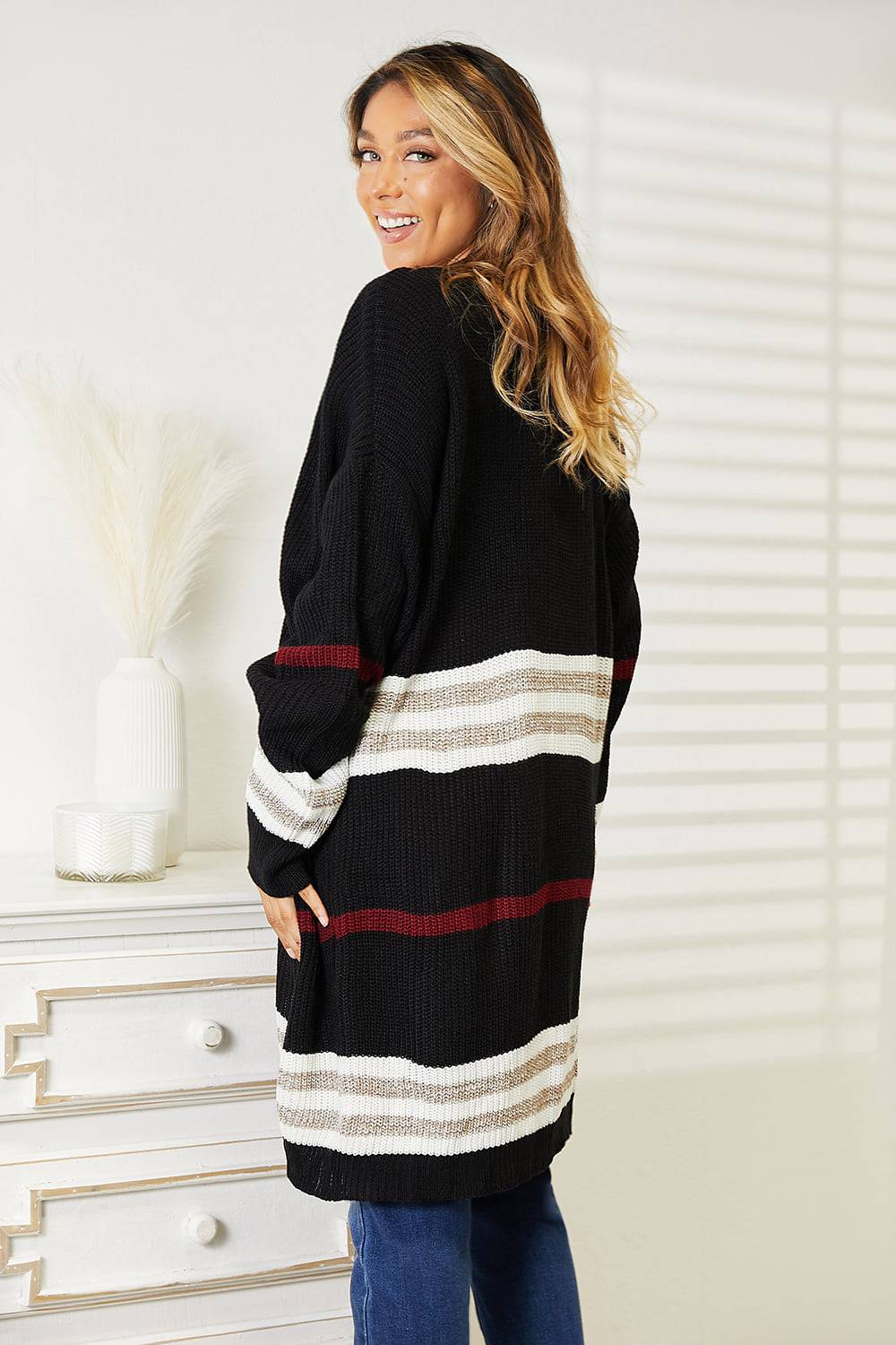 Perfee Striped Rib-Knit Drop Shoulder Open Front Cardigan - EkaVibe