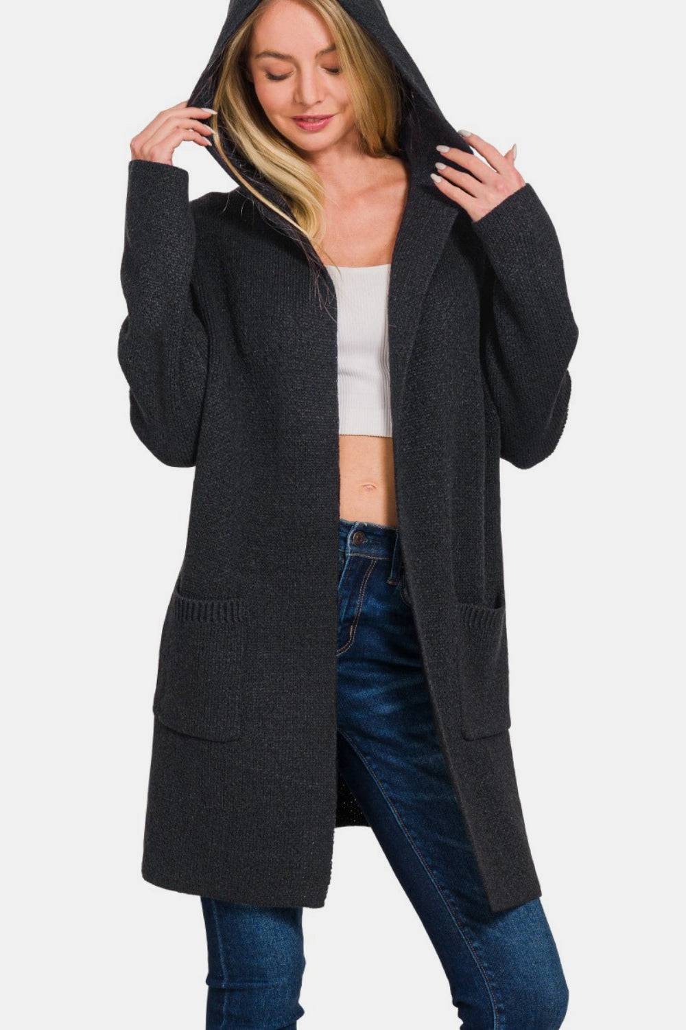 Zenana Hooded Open Front Sweater Cardigan - EkaVibe