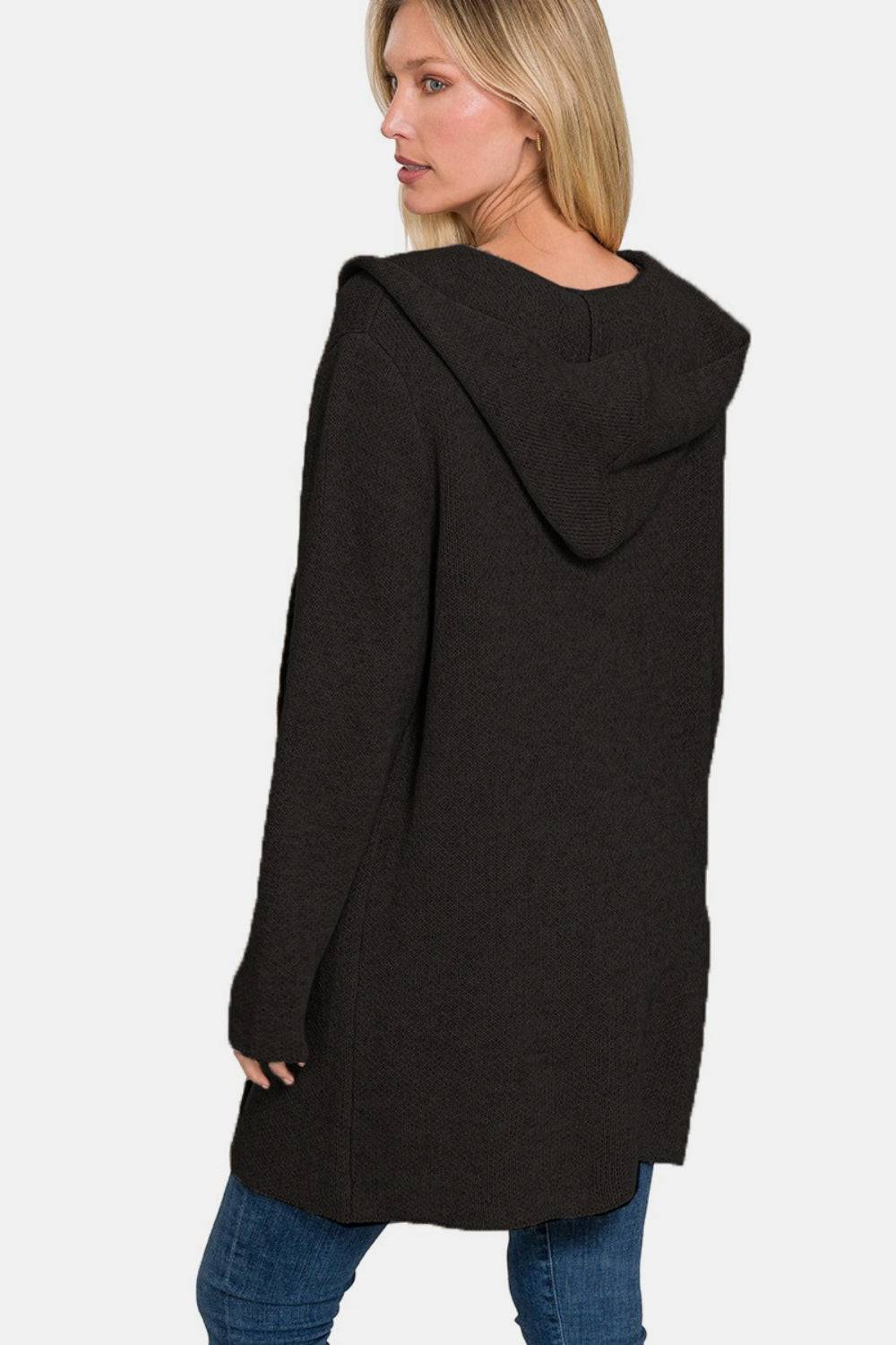 Zenana Hooded Open Front Sweater Cardigan - EkaVibe