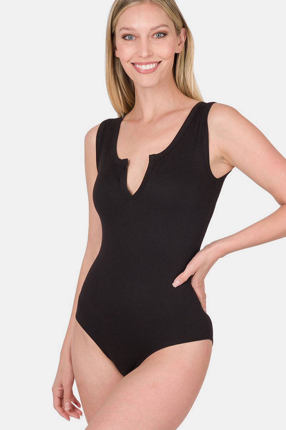 Zenana Microfiber Notched Sleeveless Bodysuit - EkaVibe