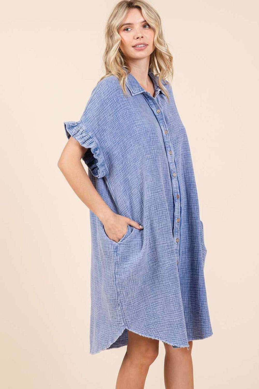 Mittoshop Mineral Wash Cotton Gauze Mini Shirt Dress - EkaVibe