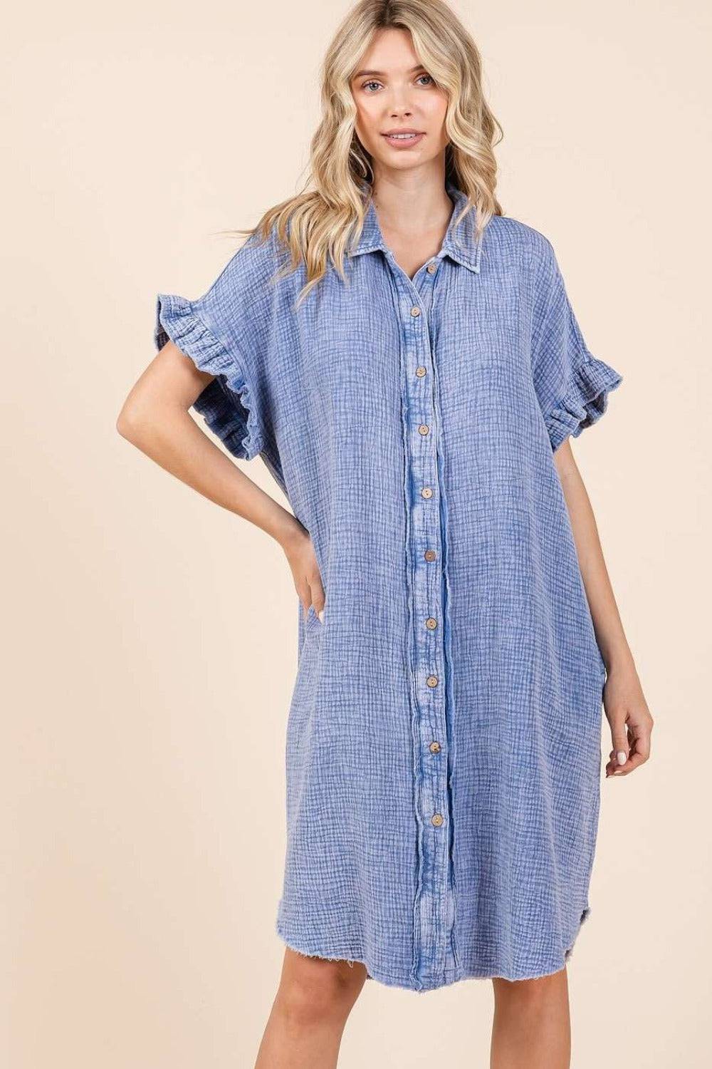 Mittoshop Mineral Wash Cotton Gauze Mini Shirt Dress - EkaVibe