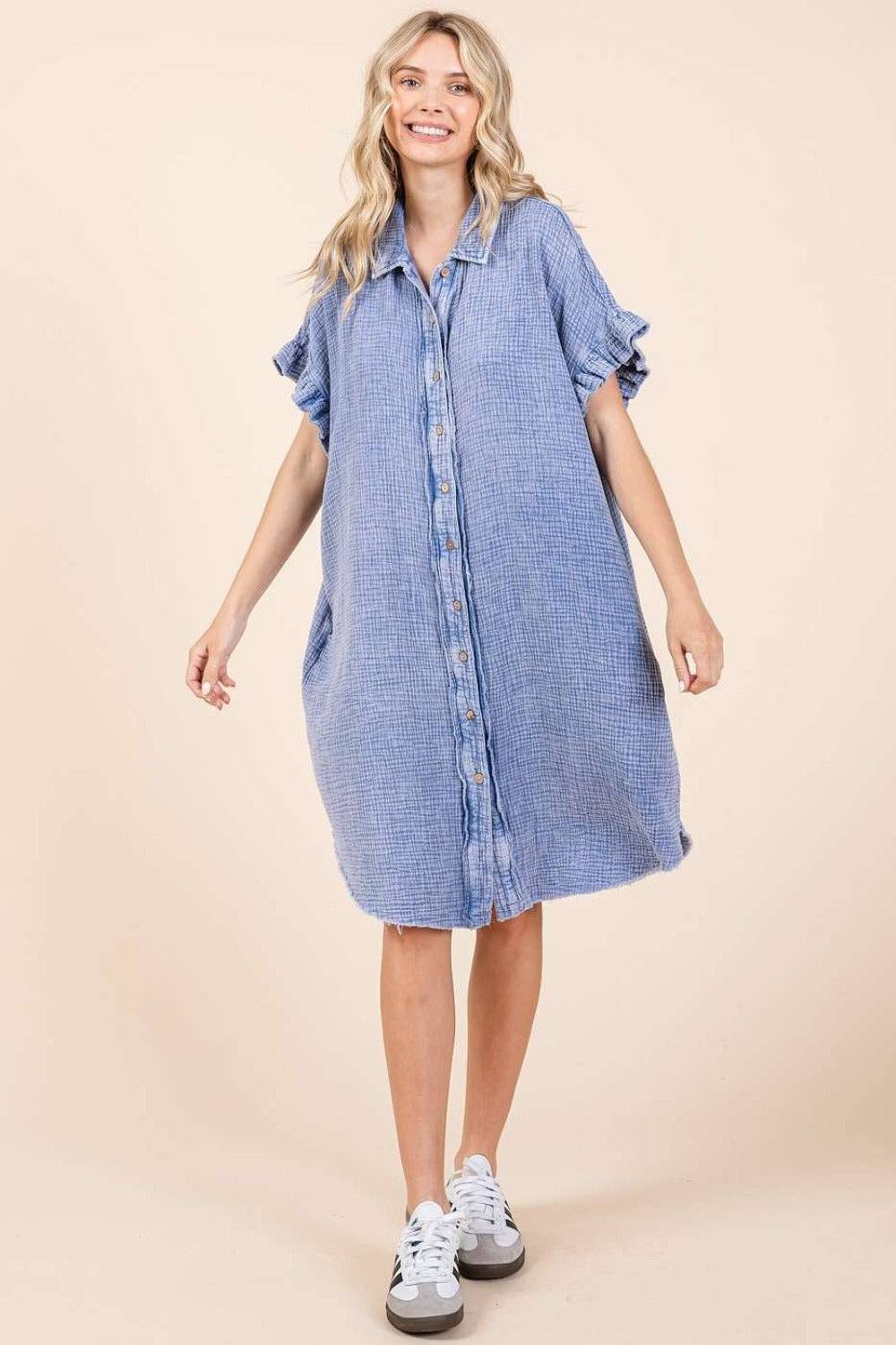 Mittoshop Mineral Wash Cotton Gauze Mini Shirt Dress - EkaVibe