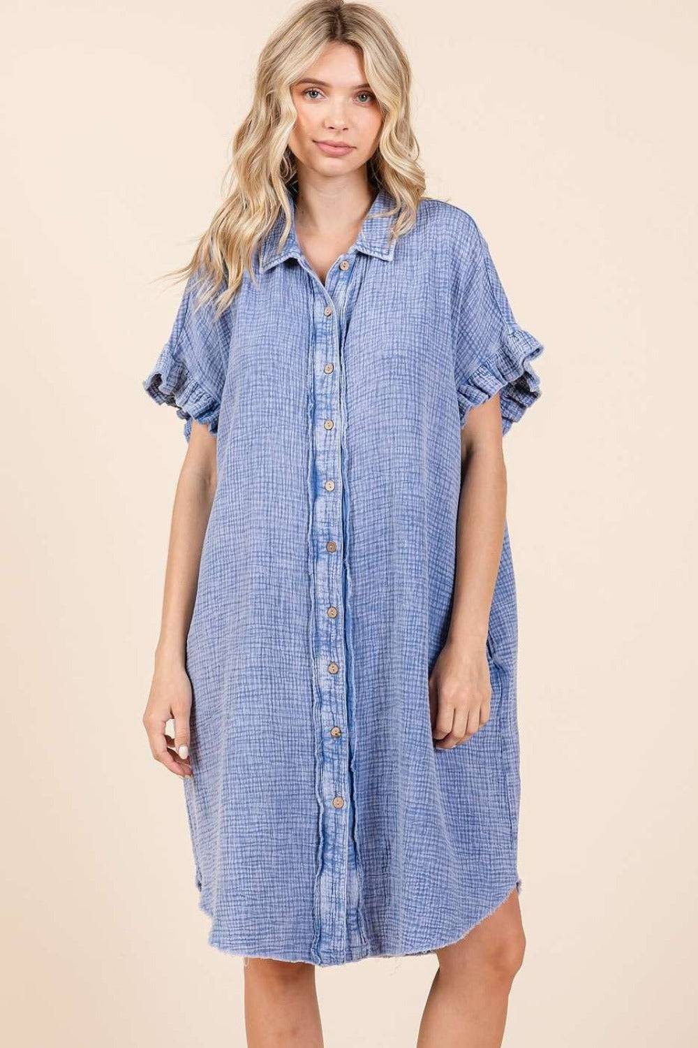 Mittoshop Mineral Wash Cotton Gauze Mini Shirt Dress - EkaVibe