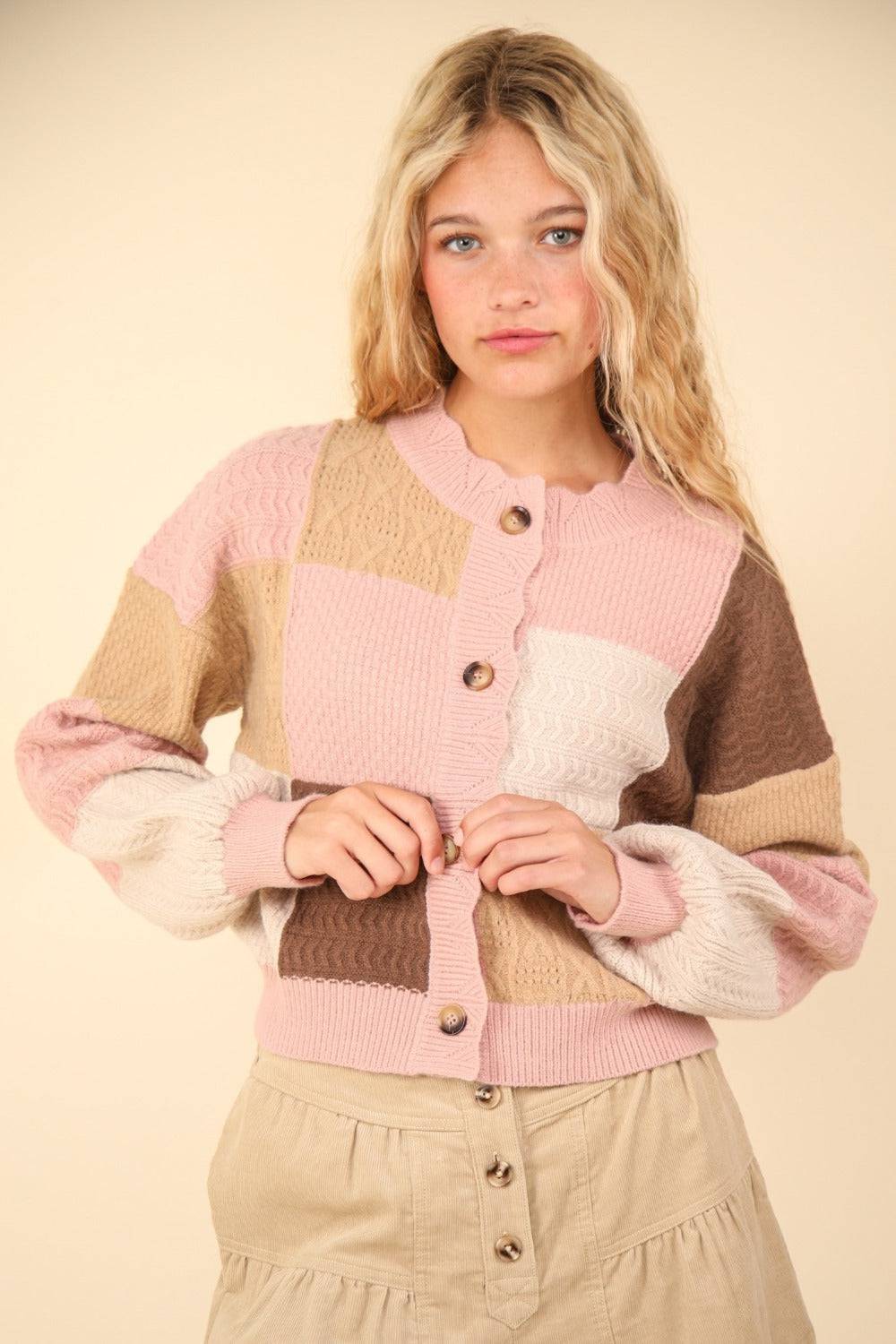 VERY J Color Block Button Down Textured Sweater Cardigan - EkaVibe