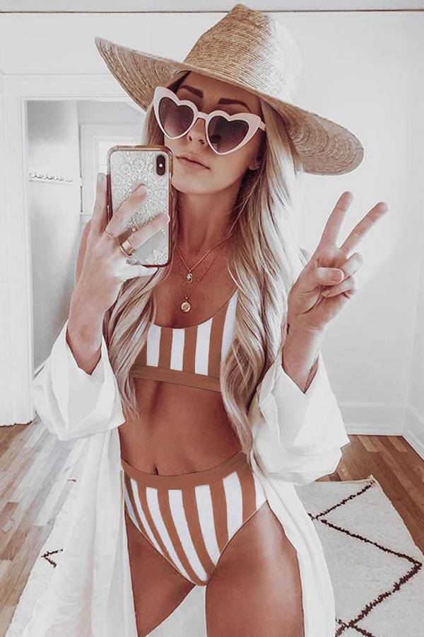 Striped Tank High Waist Bikini - EkaVibe