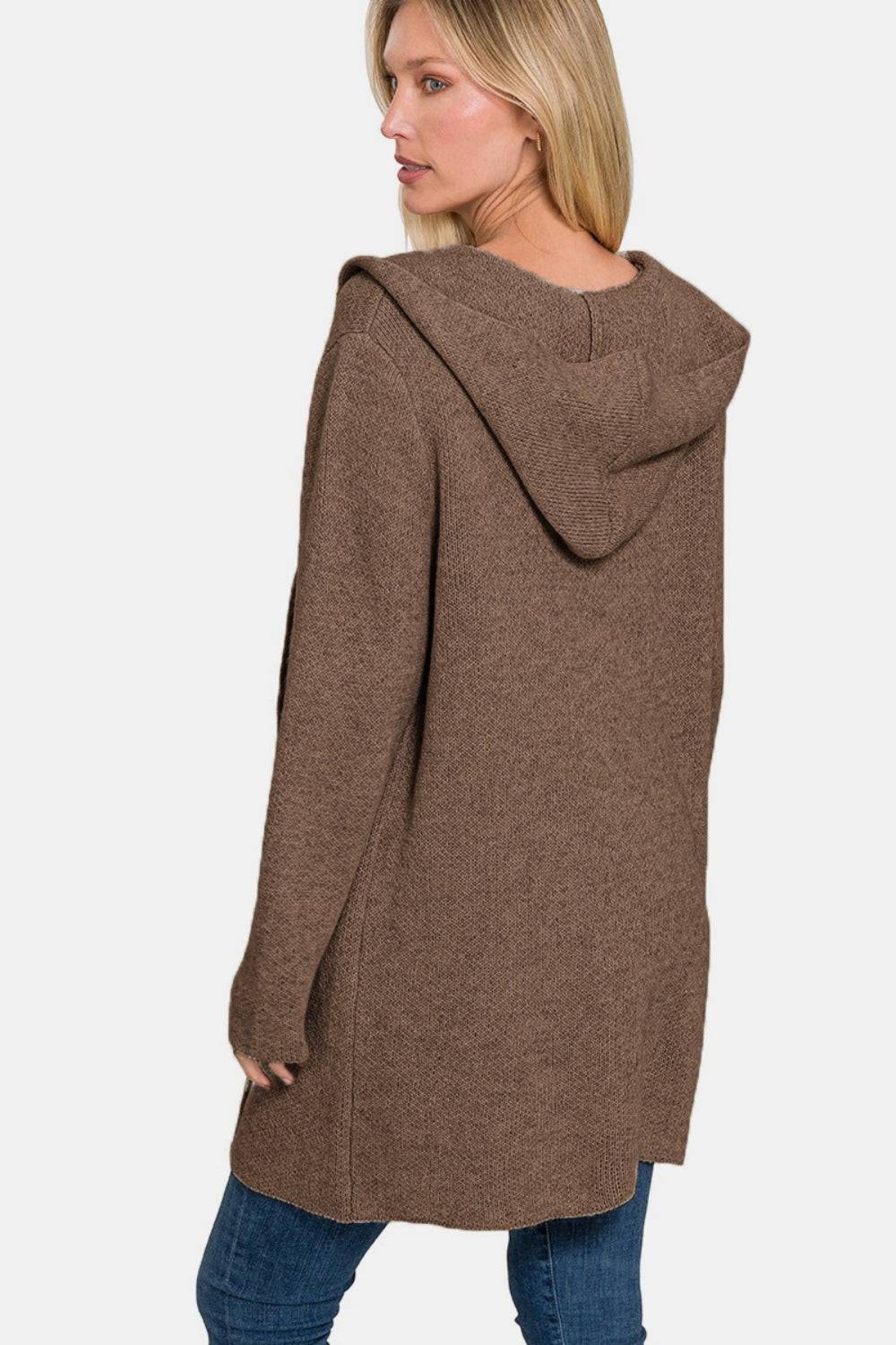 Zenana Hooded Open Front Sweater Cardigan - EkaVibe