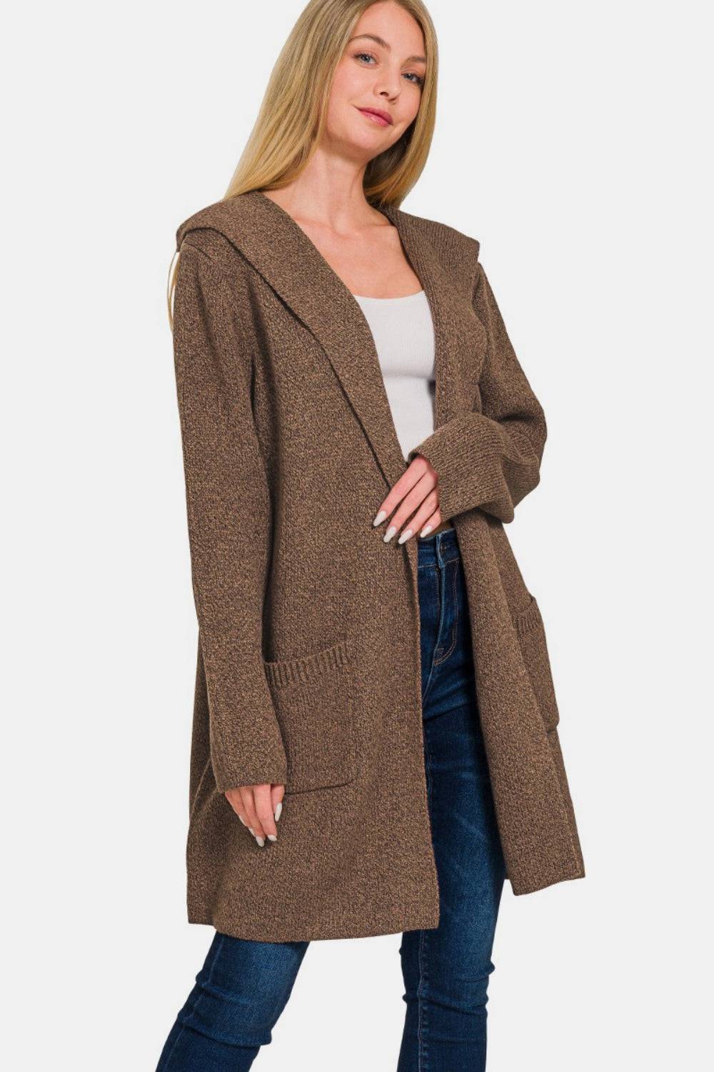 Zenana Hooded Open Front Sweater Cardigan - EkaVibe