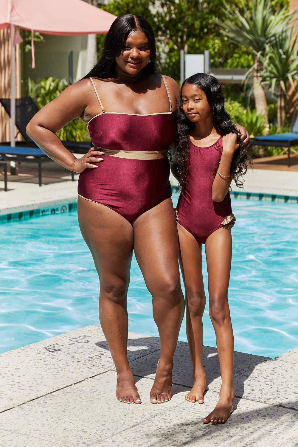 Marina West Swim Wave Break Contrast Trim One-Piece in Wine - EkaVibe