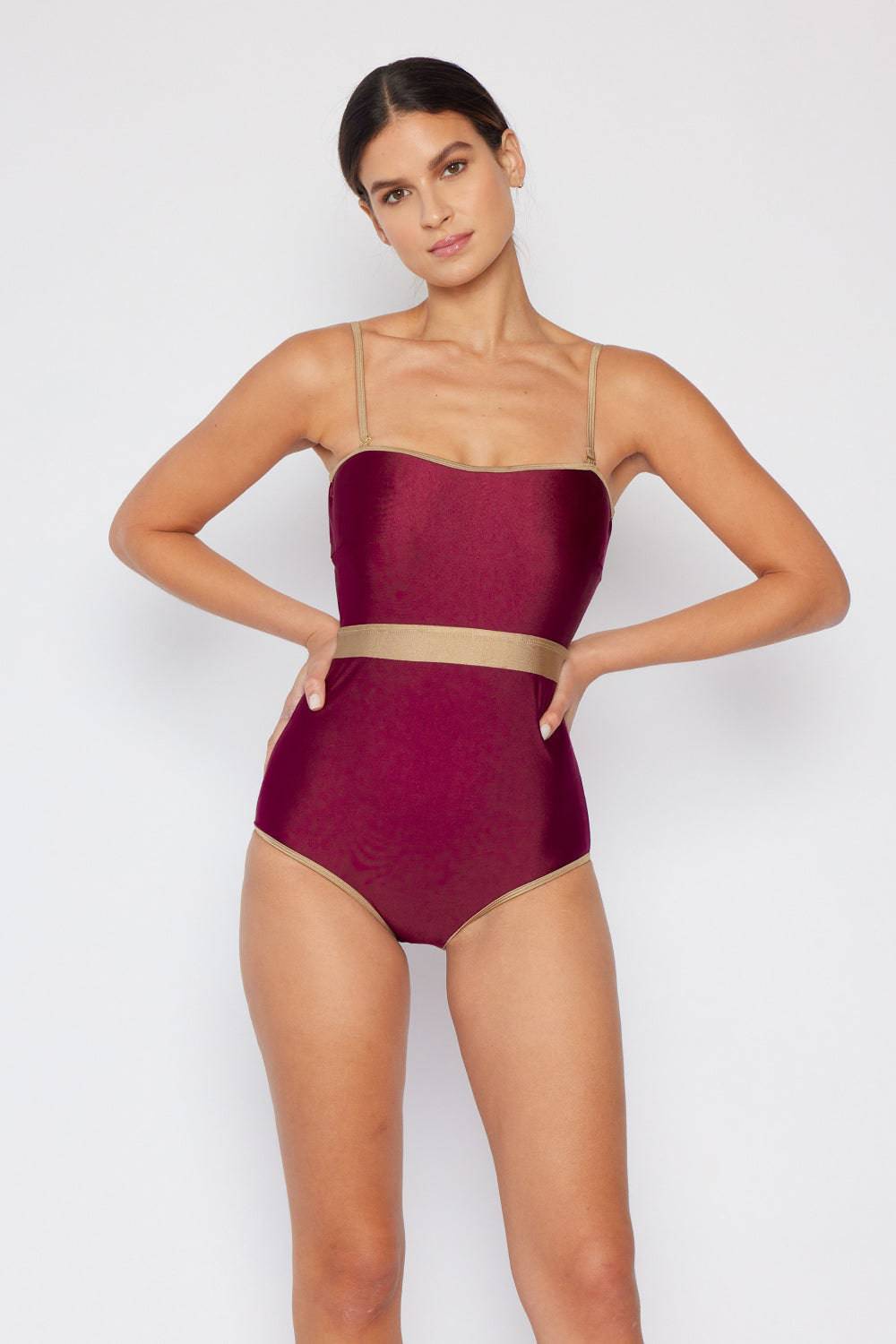 Marina West Swim Wave Break Contrast Trim One-Piece in Wine - EkaVibe