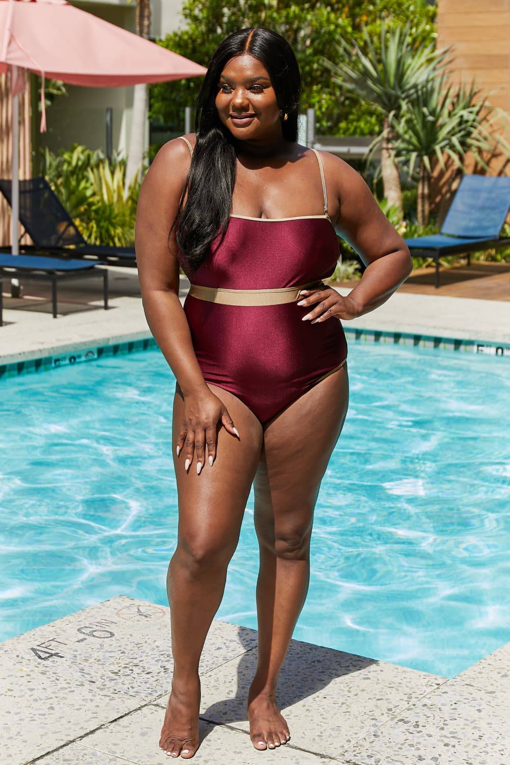 Marina West Swim Wave Break Contrast Trim One-Piece in Wine - EkaVibe