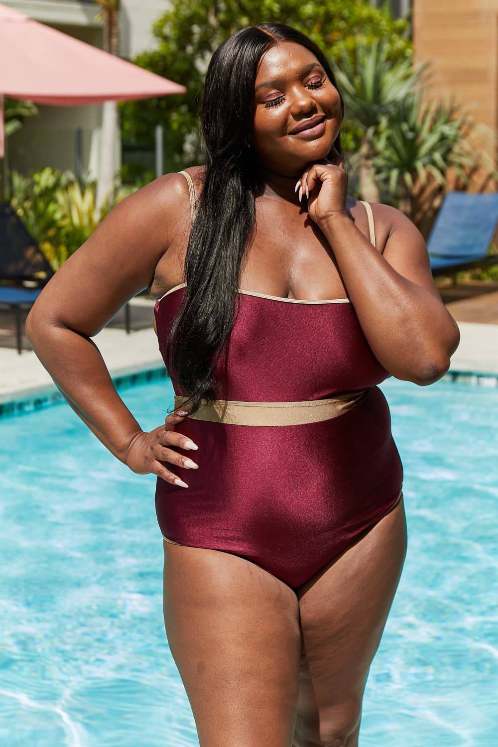 Marina West Swim Wave Break Contrast Trim One-Piece in Wine - EkaVibe