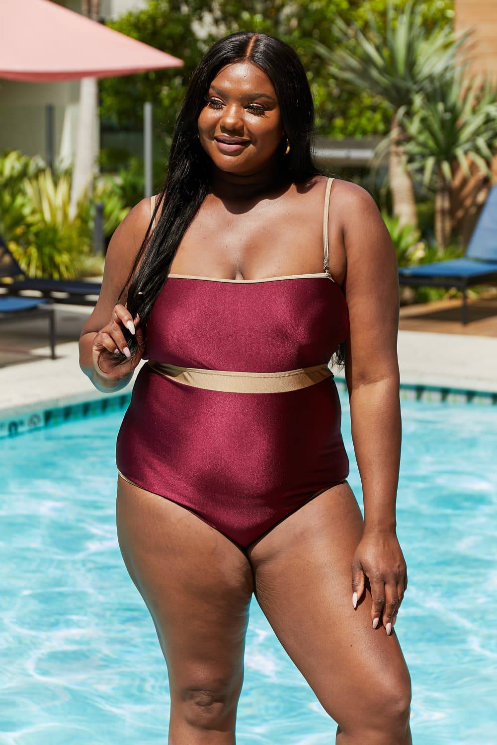 Marina West Swim Wave Break Contrast Trim One-Piece in Wine - EkaVibe