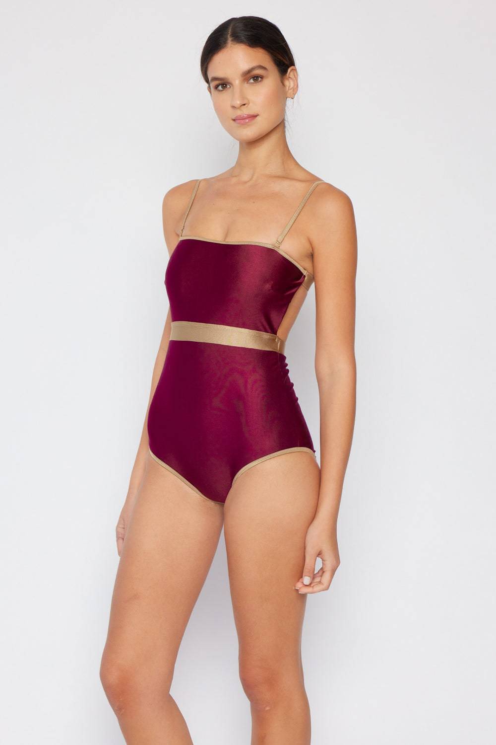 Marina West Swim Wave Break Contrast Trim One-Piece in Wine - EkaVibe