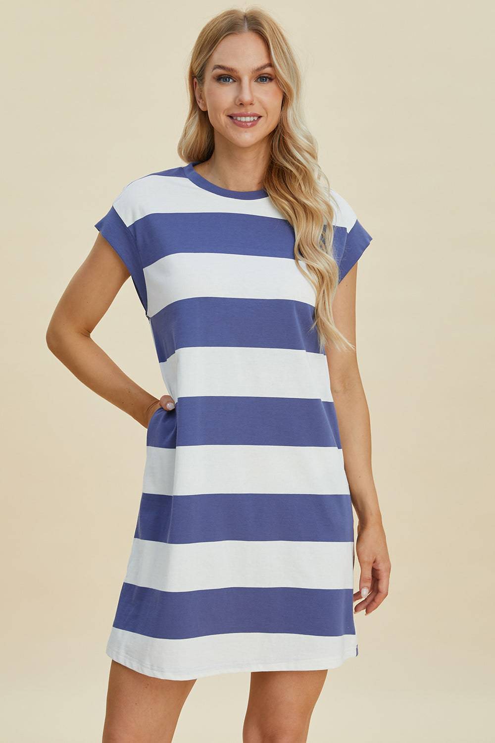 Basic Bae Full Size Striped Round Neck Cap Sleeve Mini Dress - EkaVibe