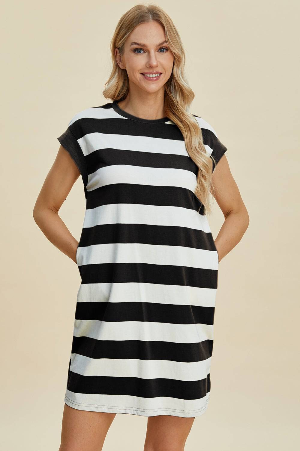 Basic Bae Full Size Striped Round Neck Cap Sleeve Mini Dress - EkaVibe