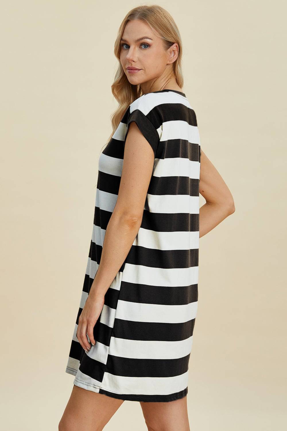 Basic Bae Full Size Striped Round Neck Cap Sleeve Mini Dress - EkaVibe