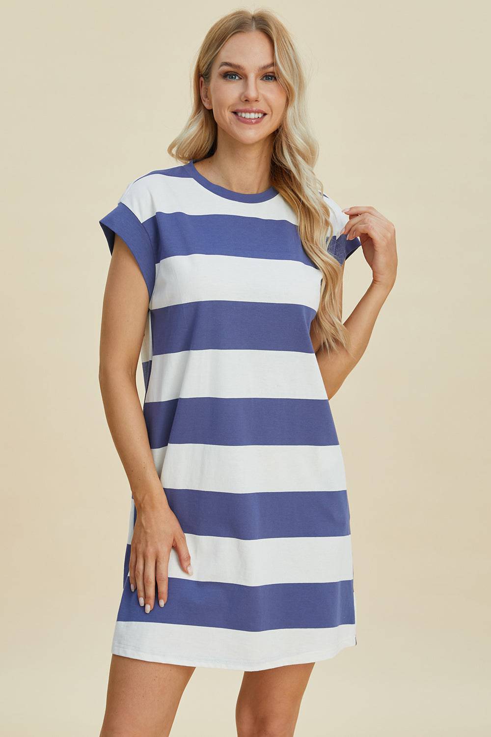 Basic Bae Full Size Striped Round Neck Cap Sleeve Mini Dress - EkaVibe