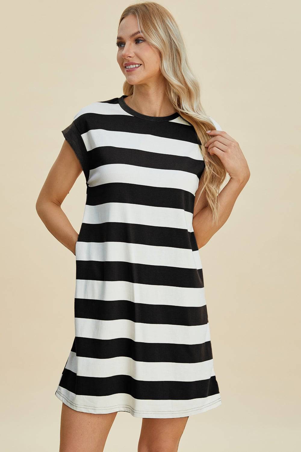 Basic Bae Full Size Striped Round Neck Cap Sleeve Mini Dress - EkaVibe