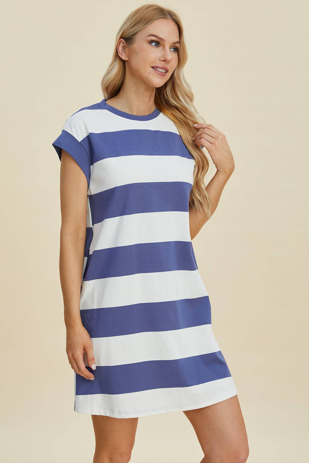 Basic Bae Full Size Striped Round Neck Cap Sleeve Mini Dress - EkaVibe