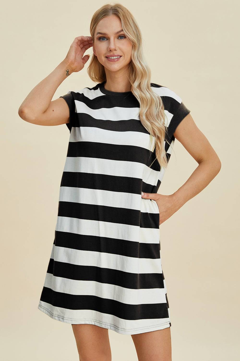 Basic Bae Full Size Striped Round Neck Cap Sleeve Mini Dress - EkaVibe