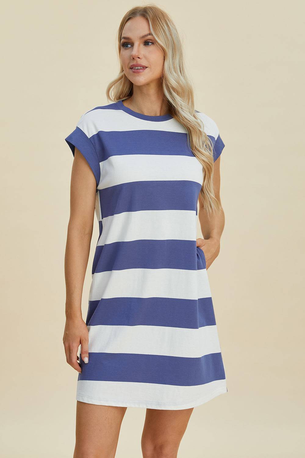 Basic Bae Full Size Striped Round Neck Cap Sleeve Mini Dress - EkaVibe