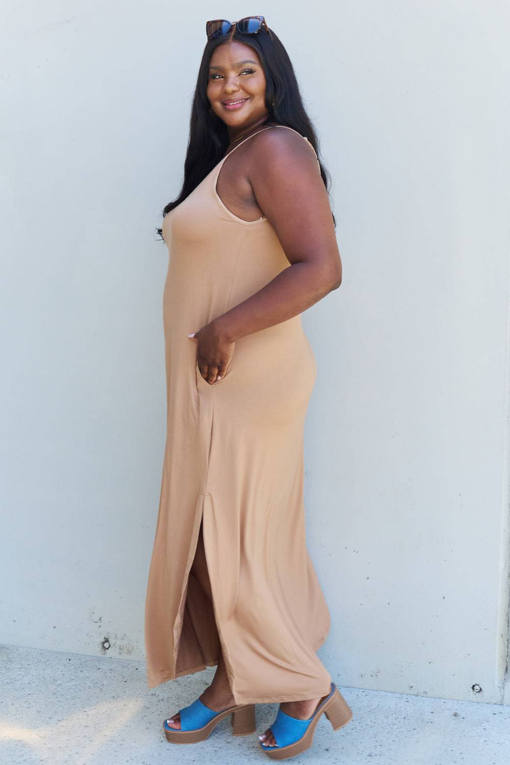 Ninexis Good Energy Full Size Cami Side Slit Maxi Dress in Camel - EkaVibe