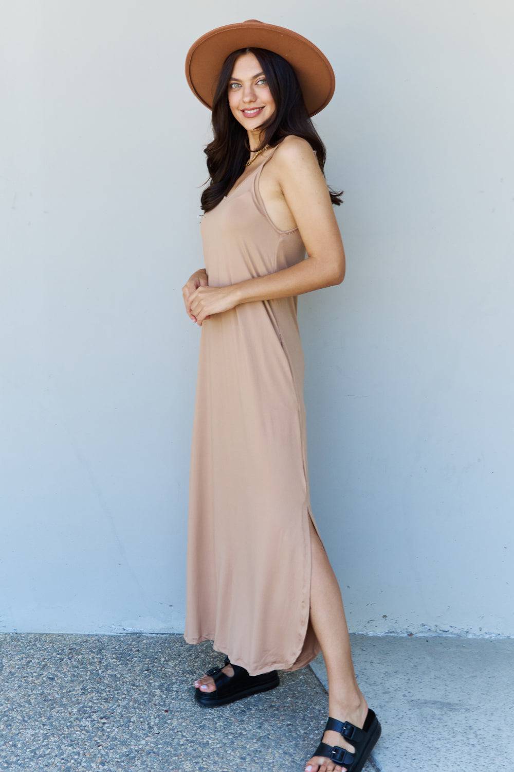 Ninexis Good Energy Full Size Cami Side Slit Maxi Dress in Camel - EkaVibe