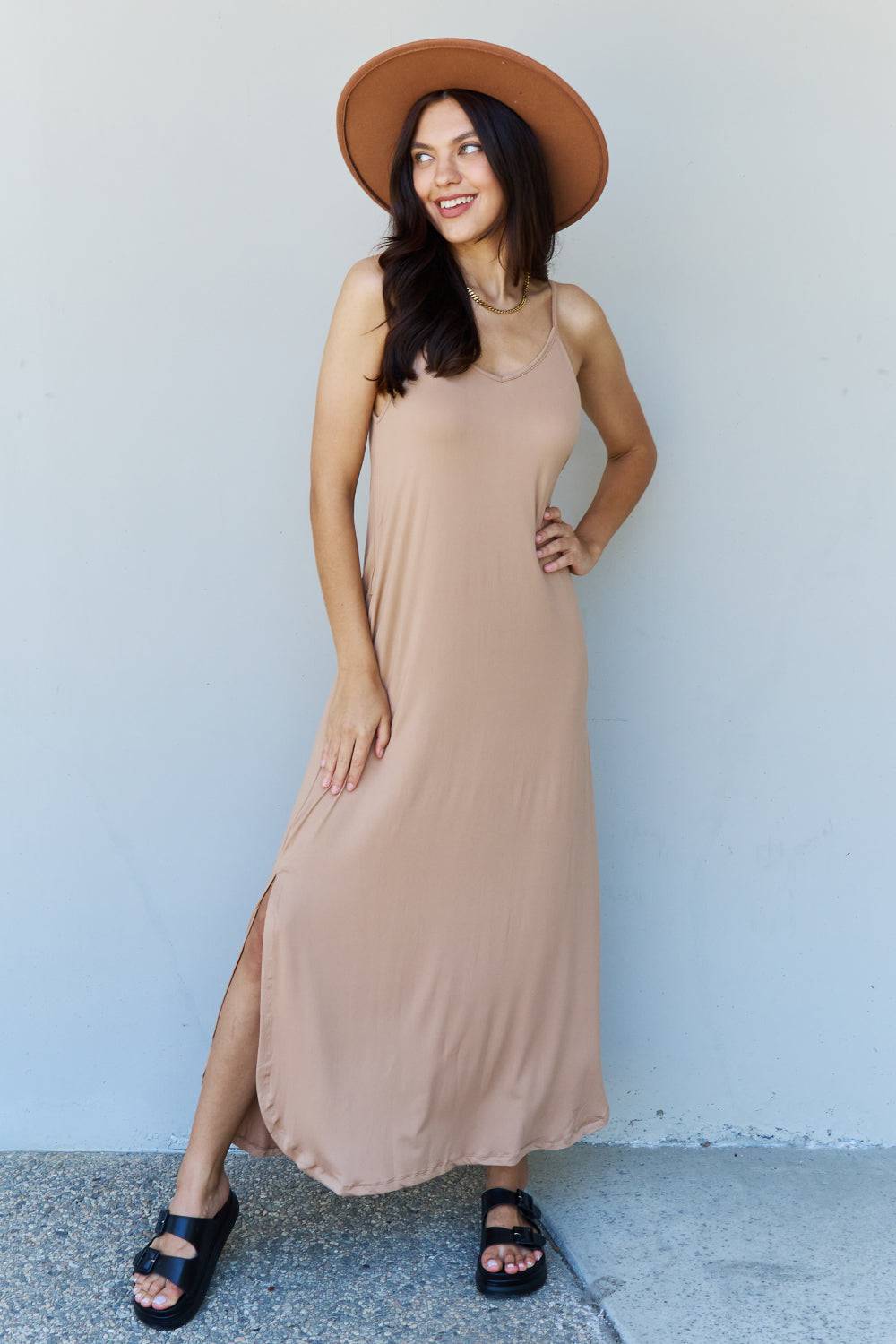 Ninexis Good Energy Full Size Cami Side Slit Maxi Dress in Camel - EkaVibe