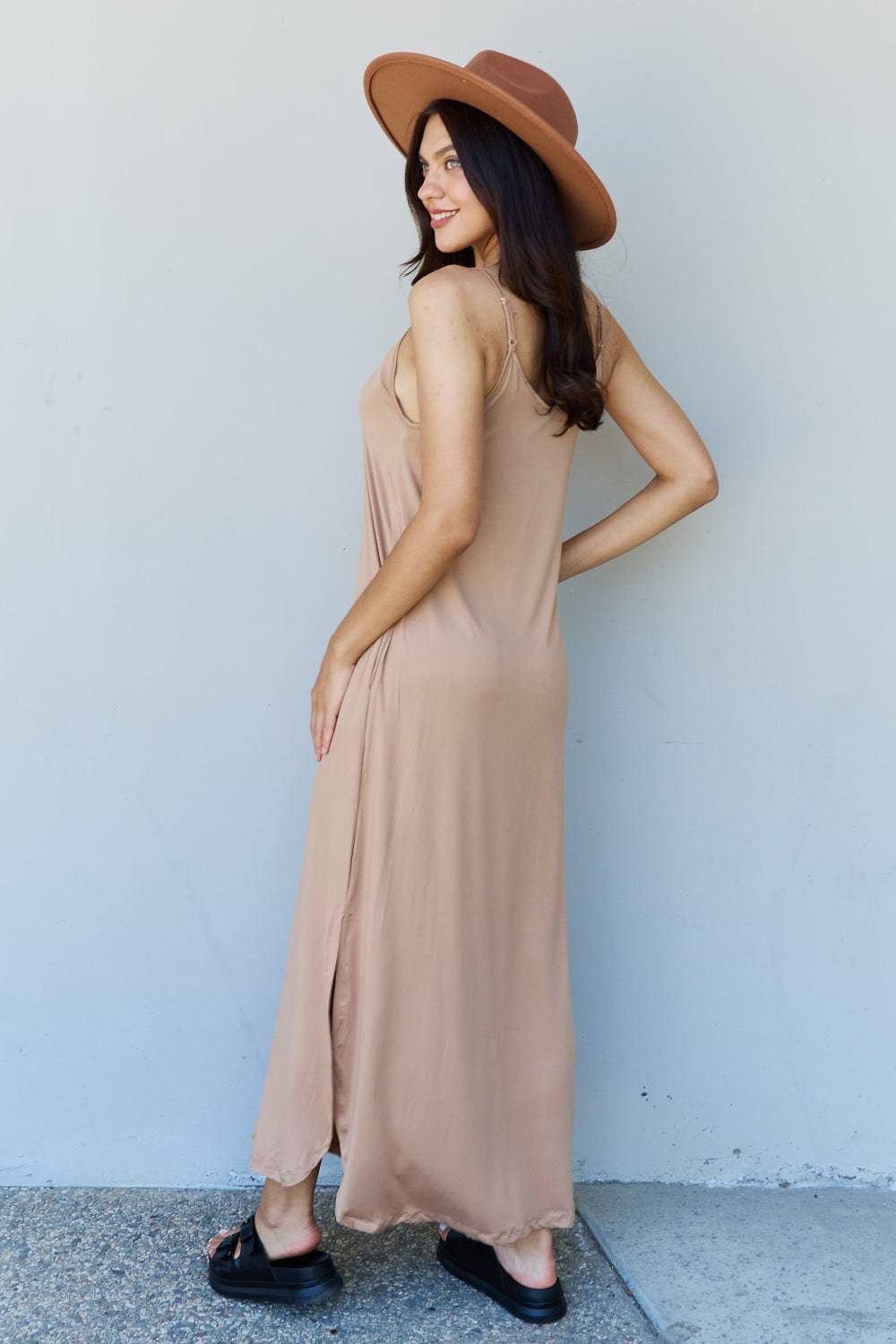 Ninexis Good Energy Full Size Cami Side Slit Maxi Dress in Camel - EkaVibe