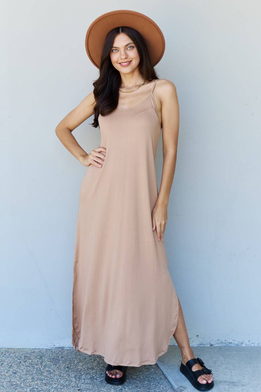 Ninexis Good Energy Full Size Cami Side Slit Maxi Dress in Camel - EkaVibe