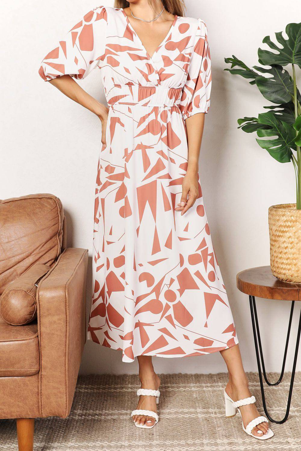 Printed Surplice Balloon Sleeve Dress - EkaVibe