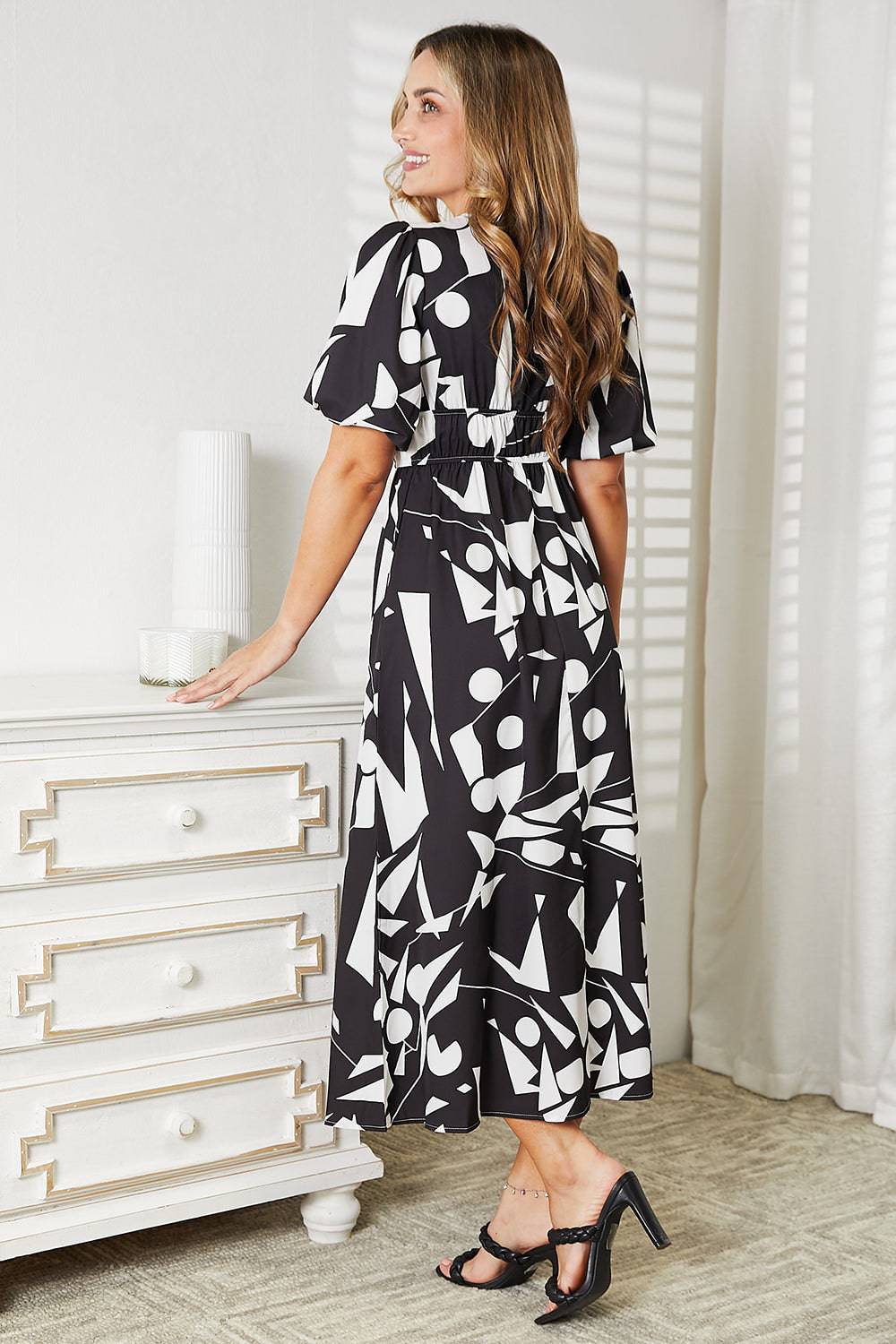 Printed Surplice Balloon Sleeve Dress - EkaVibe