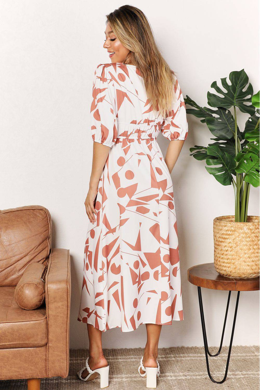 Printed Surplice Balloon Sleeve Dress - EkaVibe