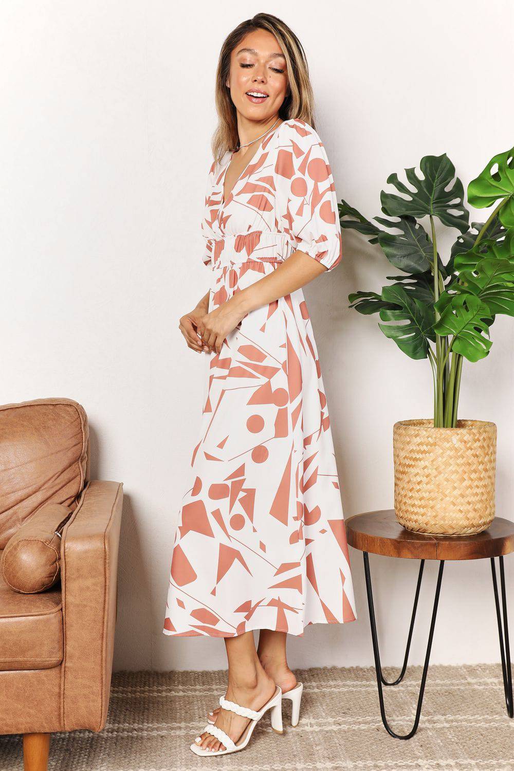 Printed Surplice Balloon Sleeve Dress - EkaVibe