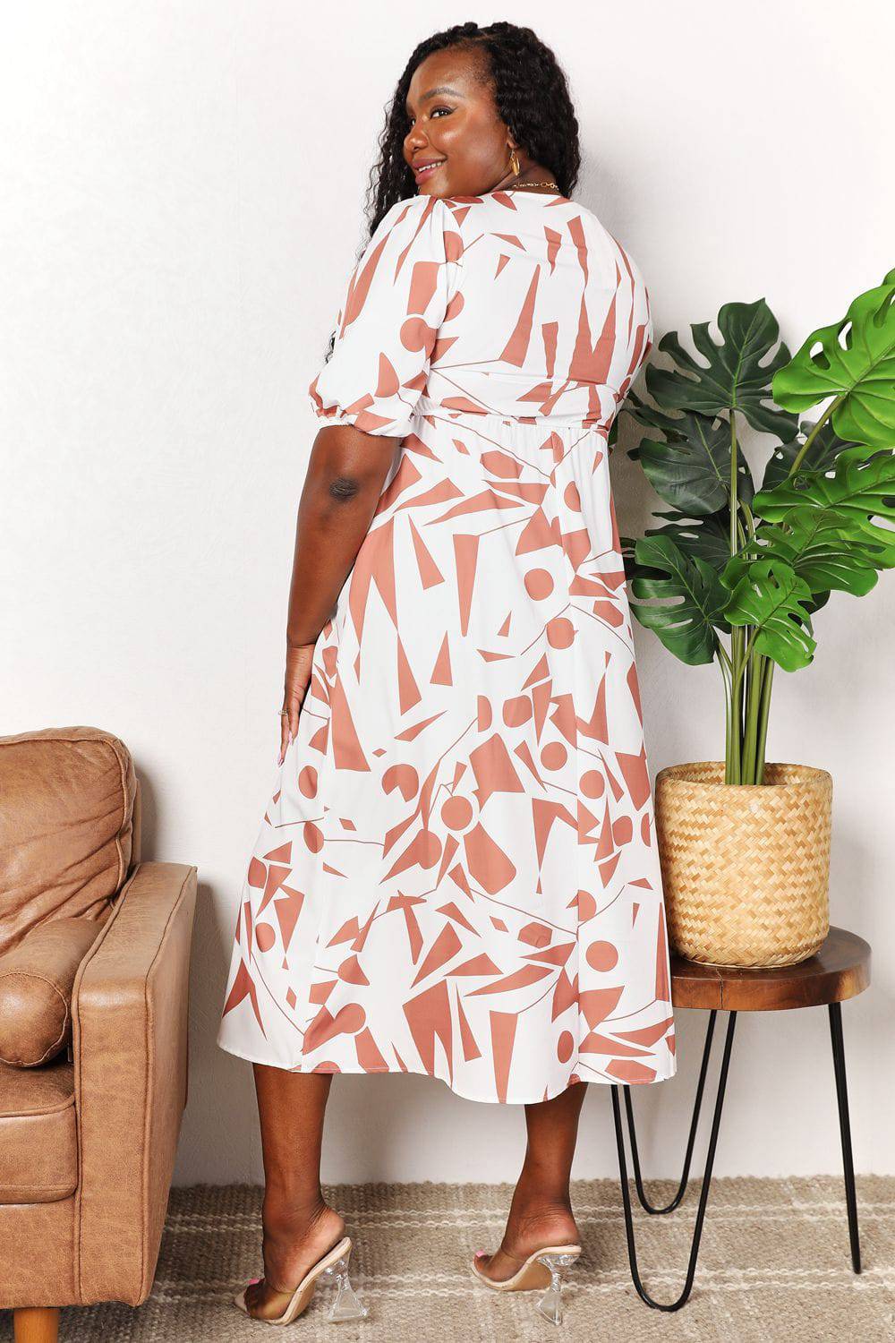 Printed Surplice Balloon Sleeve Dress - EkaVibe