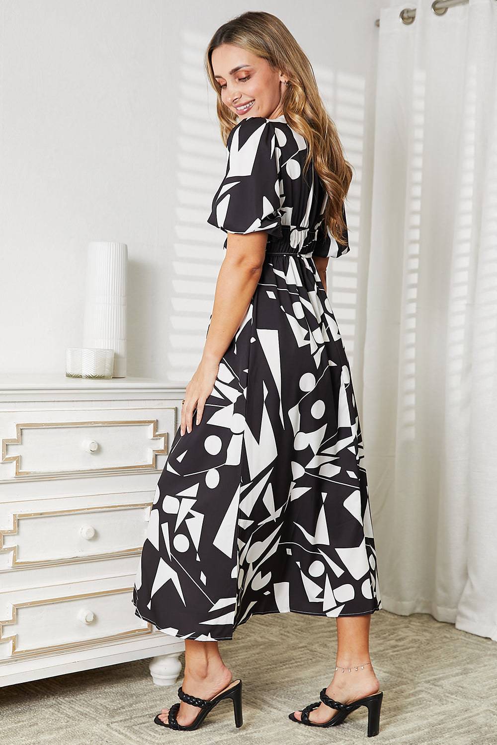 Printed Surplice Balloon Sleeve Dress - EkaVibe