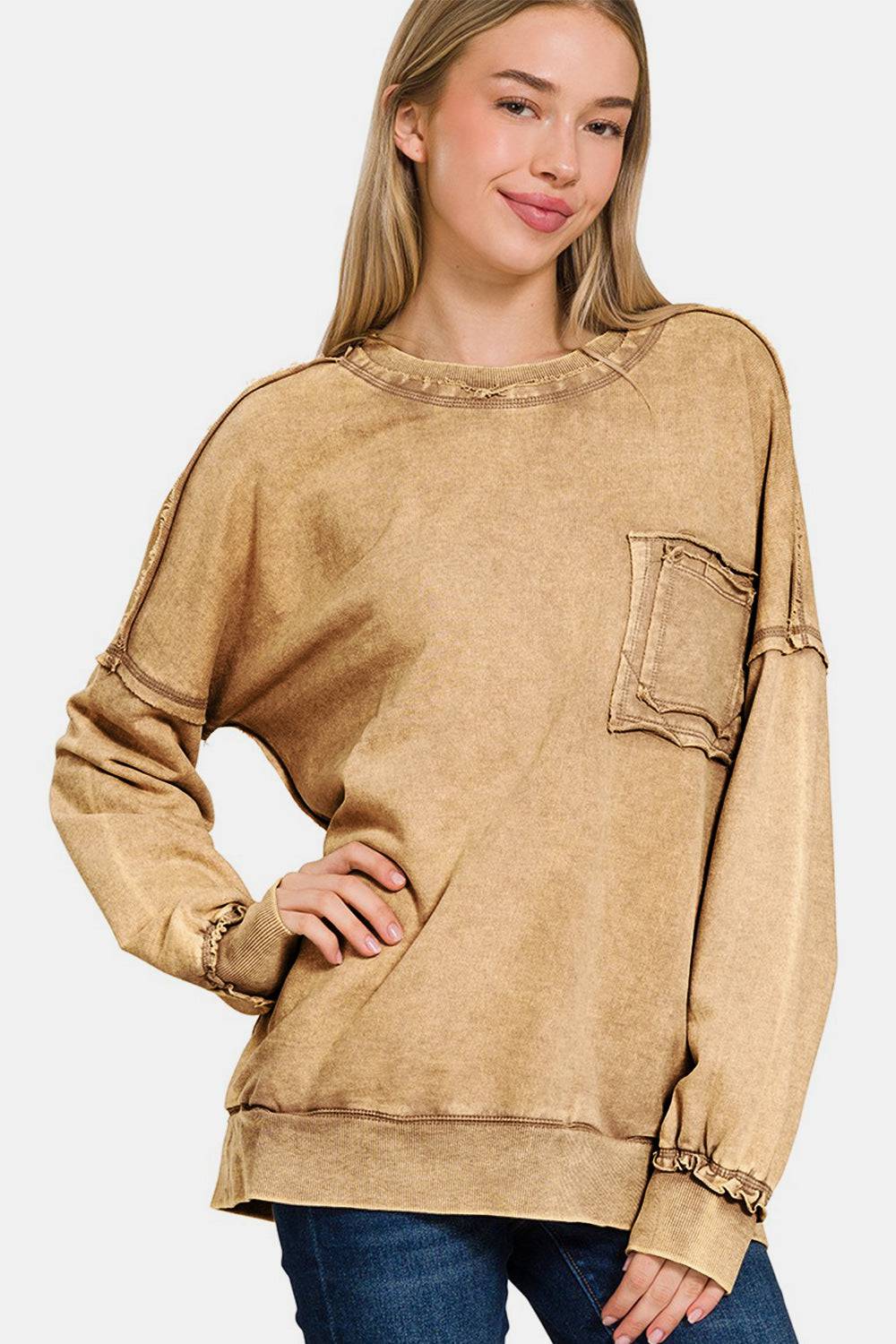 Zenana Exposed Seam Round Neck Dropped Shoulder Sweatshirt - EkaVibe