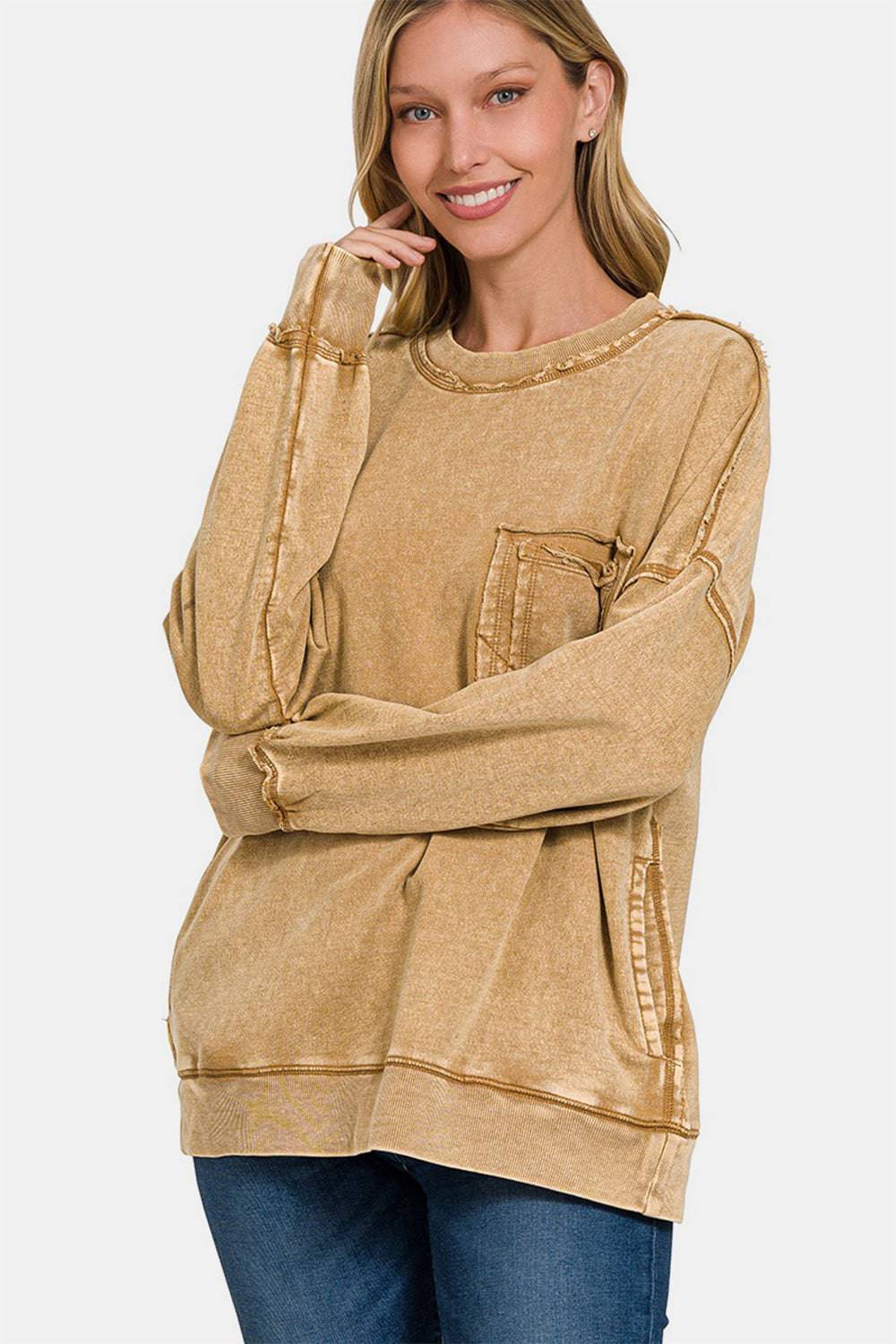 Zenana Exposed Seam Round Neck Dropped Shoulder Sweatshirt - EkaVibe